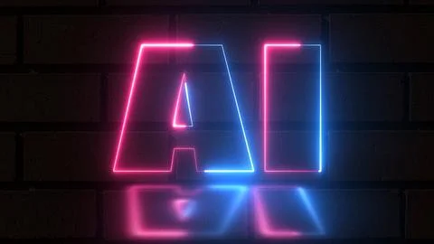 Artificial intelligence web banner. Neon text AI isolated on bricks backgroun 스톡 일러스트