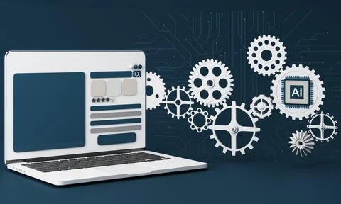 Artificial intelligence web banner. of a processor chip and laptop. The proce Illustrazione stock