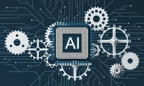 Artificial intelligence web banner. of a processor chip. The process of data  Illustration