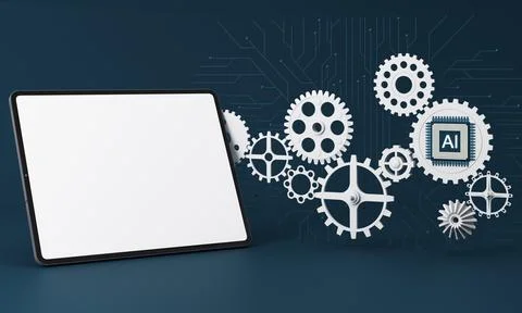 Artificial intelligence web banner. of a processor chip and tablet. The proce Stock-Illustration