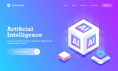 Artificial Intelligence website poster or landing page design with 3d AI cu.. Stock Illustration