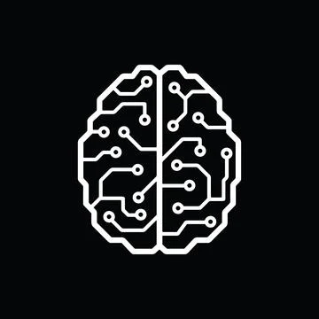 Artificial intelligence White circuit pattern overlays brain silhouette black 스톡 일러스트