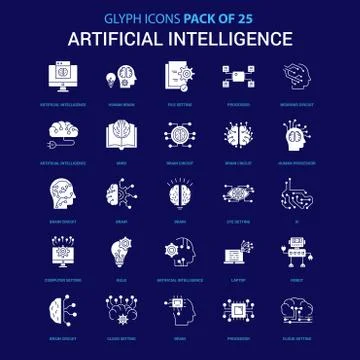 Artificial Intelligence White icon over Blue background. 25 Icon Pack Illustrazione stock