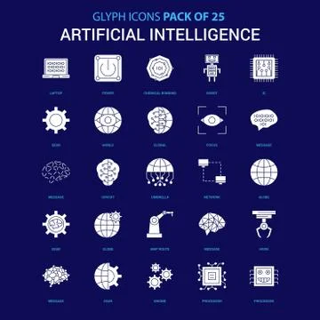 Artificial Intelligence White icon over Blue background. 25 Icon Pack Illustrazione stock