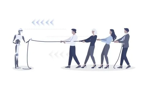 Artificial intelligence wins in tug-of-war with team of people. Robot vs human Stock Illustration