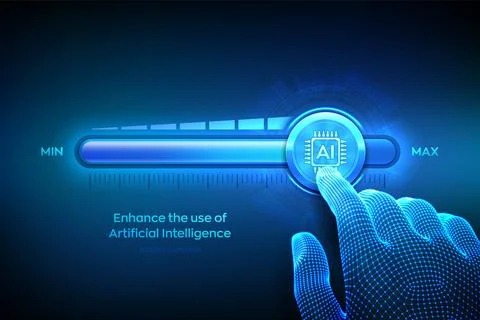 Artificial intelligence. Wireframe hand is pulling up to the maximum positi.. 스톡 일러스트