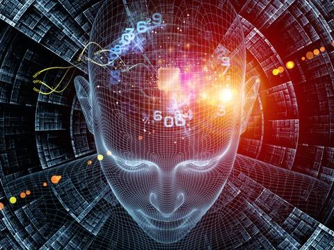 Artificial Intelligence Wireframe Head with Digital Data Network Stock Illustration