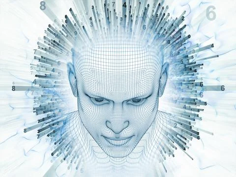 Artificial Intelligence Wireframe Head with Digital Data Stream Stock Illustration