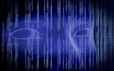 Artificial intelligence, wireframe human face with binary digit. Stock Illustration