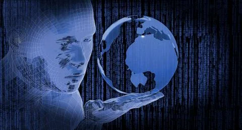 Artificial intelligence, wireframe human face. Illustrazione stock