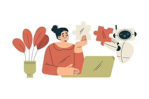 Artificial Intelligence with Woman Character Solve Jigsaw Puzzle with Bot Vector Illustrazione stock