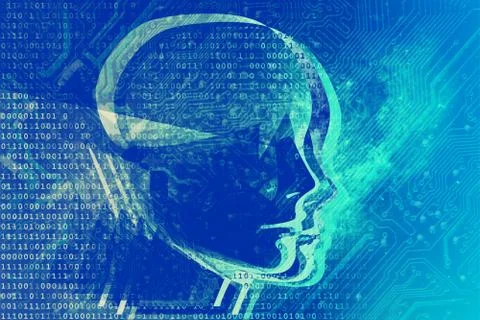 Artificial Intelligence Woman Head Binary Numbers Motherboard Electronics Com 스톡 일러스트