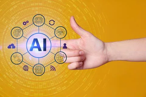 Artificial intelligence. Woman using virtual screen with icons and AI abbre.. Stock Photos