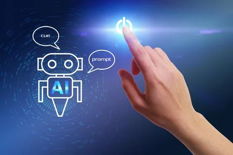 Artificial intelligence. Woman using virtual screen with robot image and AI.. Stock Photos