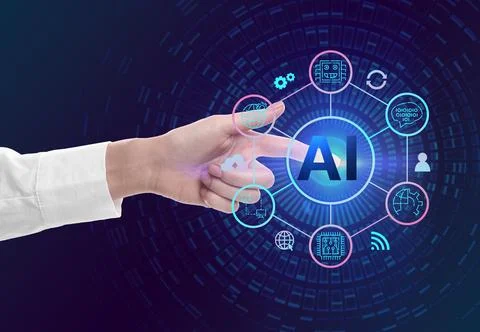 Artificial intelligence. Woman using virtual screen with icons and AI abbre.. Stock Photos