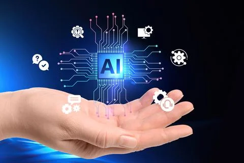 Artificial intelligence. Woman using virtual screen against dark blue backg.. 스톡 사진