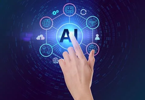 Artificial intelligence. Woman using virtual screen with icons and AI abbre.. Stock Photos