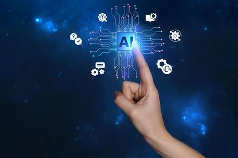 Artificial intelligence. Woman using virtual screen with icons and AI abbre.. Stock Photos