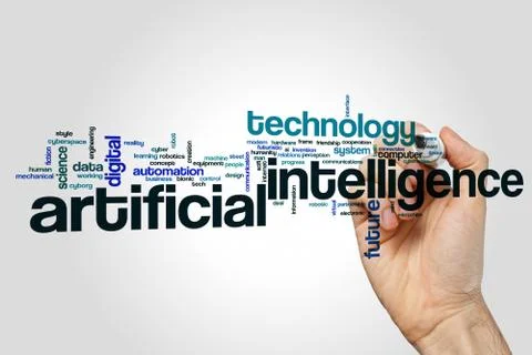 Artificial intelligence word cloud concept on grey background Stock Photos