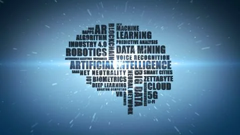 Artificial intelligence wordcloud on blue gradient background Stock Illustration