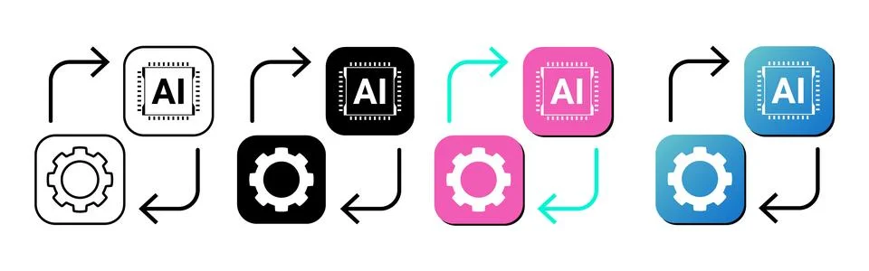 Artificial intelligence workflow and automation icons Stock Illustration