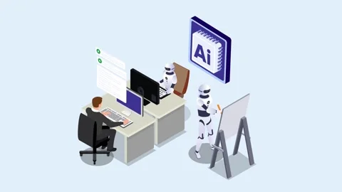 Artificial intelligence in the workplace with robots and a human collaborat.. Stock Footage 337945046