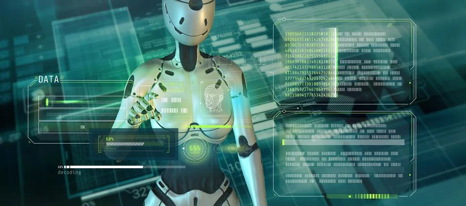 Artificial intelligence works with an electronic data set. Stock Illustration