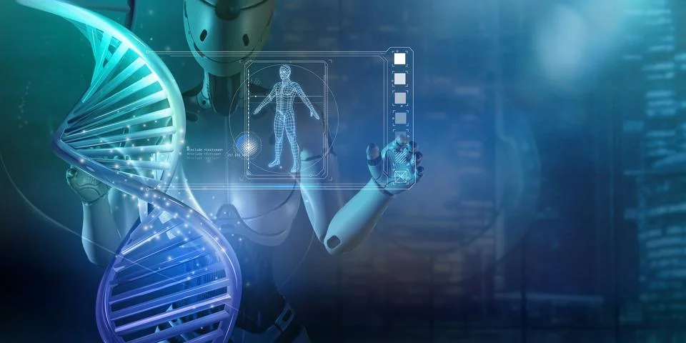 Artificial intelligence works with human DNA. 3D render. 库存插图