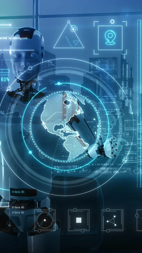 Artificial intelligence works with satellite communications hologram. 3D render Stock Footage 248768091