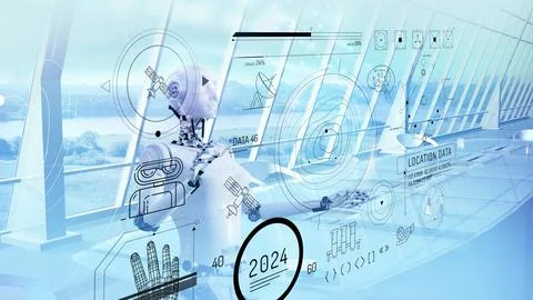 Artificial intelligence works with satellite data. Stock Illustration