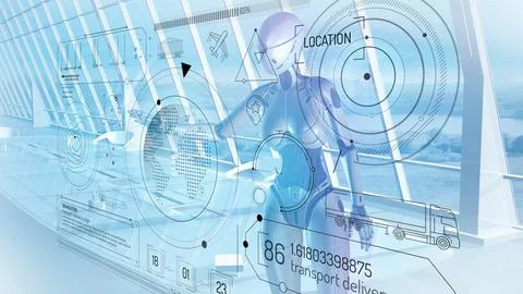 Artificial intelligence works with virtual interface of cargo delivery. イラスト素材