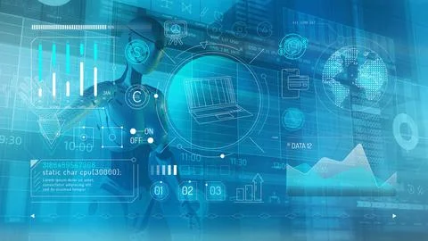 Artificial intelligence works with a virtual interface for online translations. Illustrazione stock