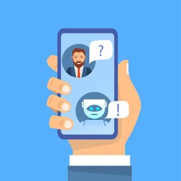 Artificial intelligence.Man chatting asks a question.Robot assistant. Stock Illustration