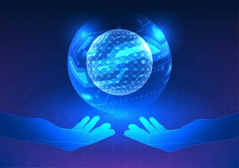 Artificial intelligence,where technology meet humanity.Hands reaching out t.. Illustration