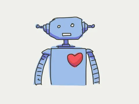 Artificial intelligent machine robot with red warm heart in white background Stock Illustration