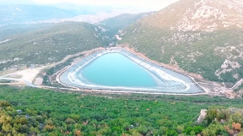 Artificial Lake Between Mountains Aerial - Drone Shot v1 Video stock 123873006