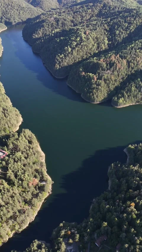 Artificial lake in the mountains drone view Stock Footage 293129868