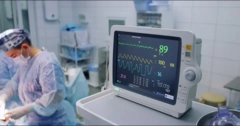 Artificial lung ventilation device. Heart monitor during surgery Stock Footage 166029340