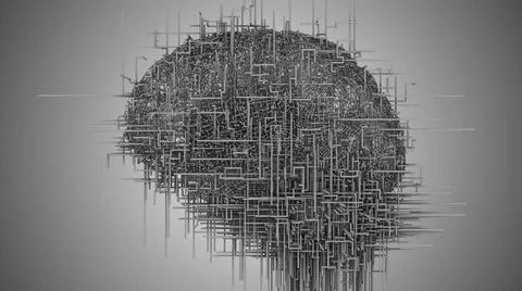 Artificial neural network brain simulation algorithm 3D render - 3D render Stock Illustration
