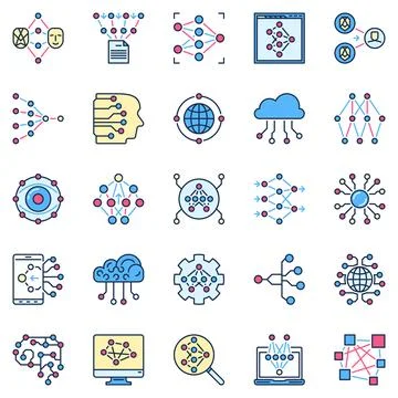 Artificial Neural Network colored icons. AI and Deep Learning vector signs Stock Illustration