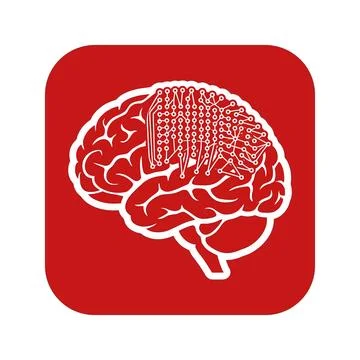 Artificial neural network integrated on human brain inside red square button. Stock Illustration