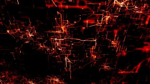 Artificial Neural Network. Red electronic nodes in electronic cyberspace Stockillustratie