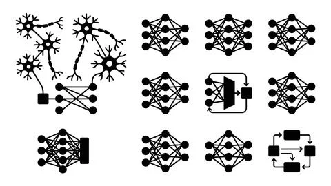 Artificial neural network topologies and connectivity icons in solid black .. Illustrazione stock