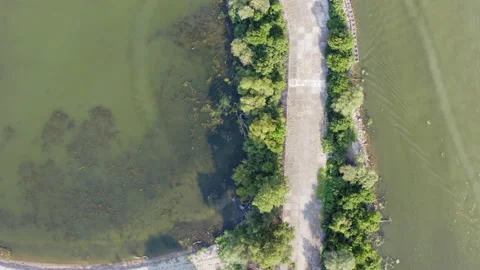 Artificial peninsula on the Danube river Stockbeeldmateriaal 205600748