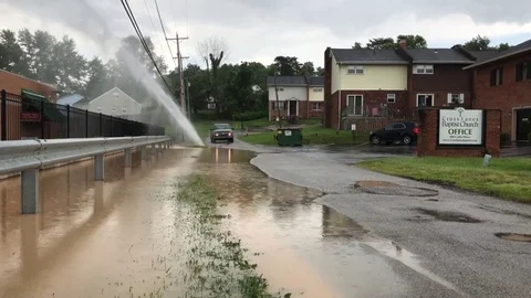 Artificial pond created by broken water pipe next to a road Stock Footage 77484526