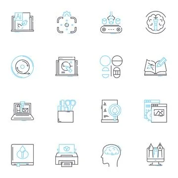 Artificial processing linear icons set. Algorithm, Automation, Cognition Illustrazione stock