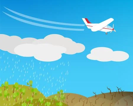 Artificial rain, Rainmaking, Cloud seeding,vector Stock Illustration