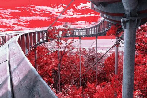 Artificial Red Forest with Awesome Eye Shape Lookout Point, Mixed Reality Stock Photos