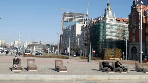 An artificial river in the center of Katowice Stock Footage 170030049