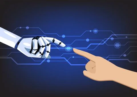 Artificial robot hand touch human hand Stock Illustration